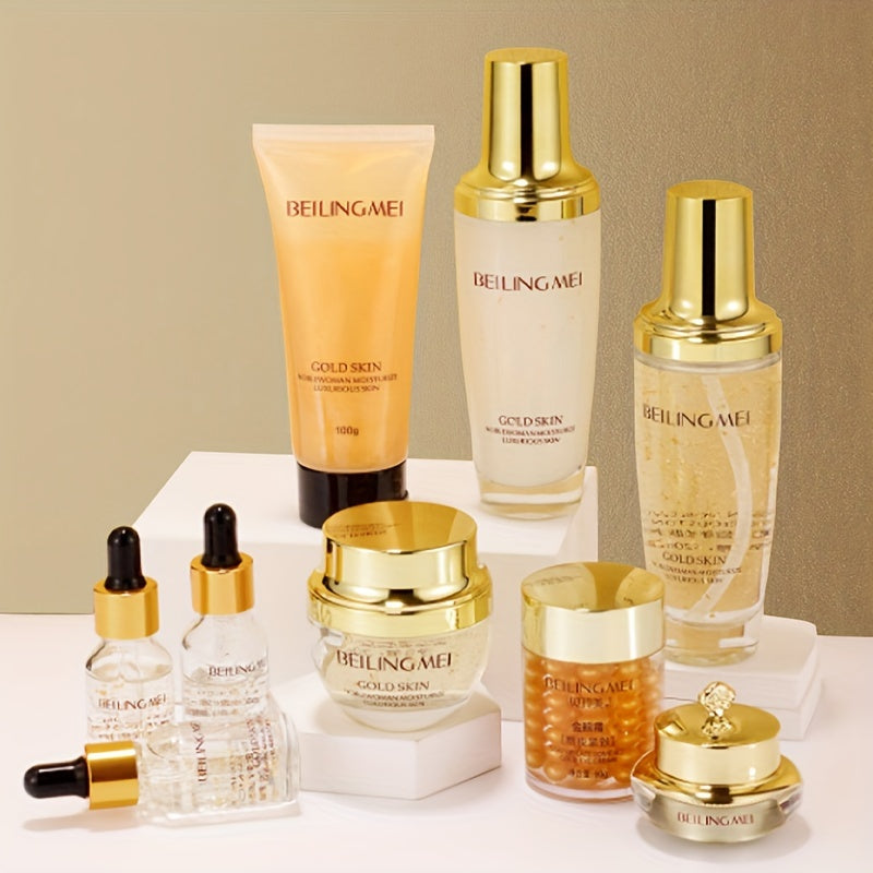 BEILINGMEI Golden Skin Luxury 9-Piece Skincare Set for Women - Hypoallergenic, Moisturizing, Brightening & Firming Formula with Golden, Collagen, Hyaluronic Acid & Niacinamide - Ideal for All Skin Types, Perfect Gift Set for