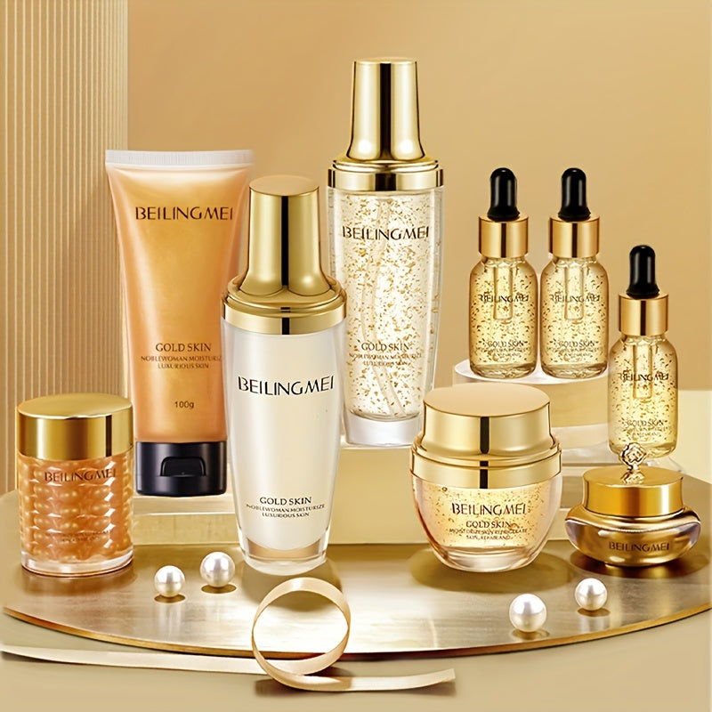 BEILINGMEI Golden Skin Luxury 9-Piece Skincare Set for Women - Hypoallergenic, Moisturizing, Brightening & Firming Formula with Golden, Collagen, Hyaluronic Acid & Niacinamide - Ideal for All Skin Types, Perfect Gift Set for