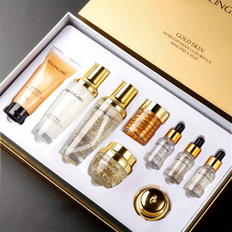 BEILINGMEI Golden Skin Luxury 9-Piece Skincare Set for Women - Hypoallergenic, Moisturizing, Brightening & Firming Formula with Golden, Collagen, Hyaluronic Acid & Niacinamide - Ideal for All Skin Types, Perfect Gift Set for