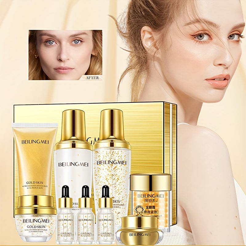 BEILINGMEI Golden Skin Luxury 9-Piece Skincare Set for Women - Hypoallergenic, Moisturizing, Brightening & Firming Formula with Golden, Collagen, Hyaluronic Acid & Niacinamide - Ideal for All Skin Types, Perfect Gift Set for
